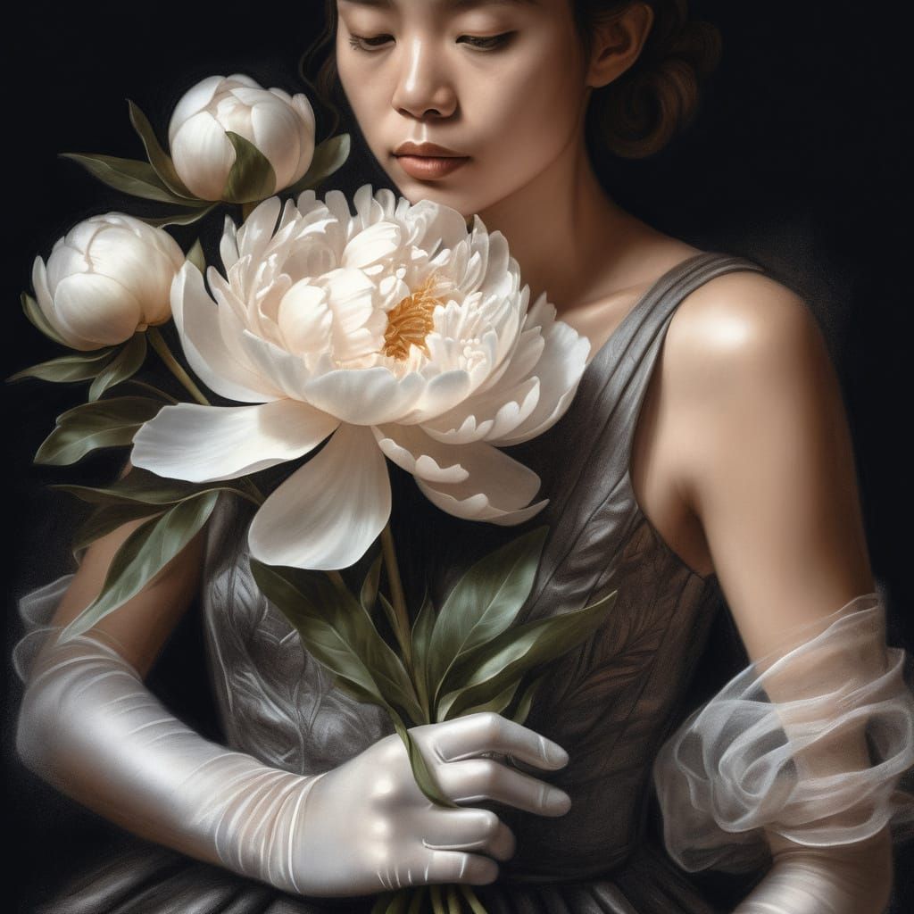 Woman with Peony: Detailed Charcoal and Pencil Sketch