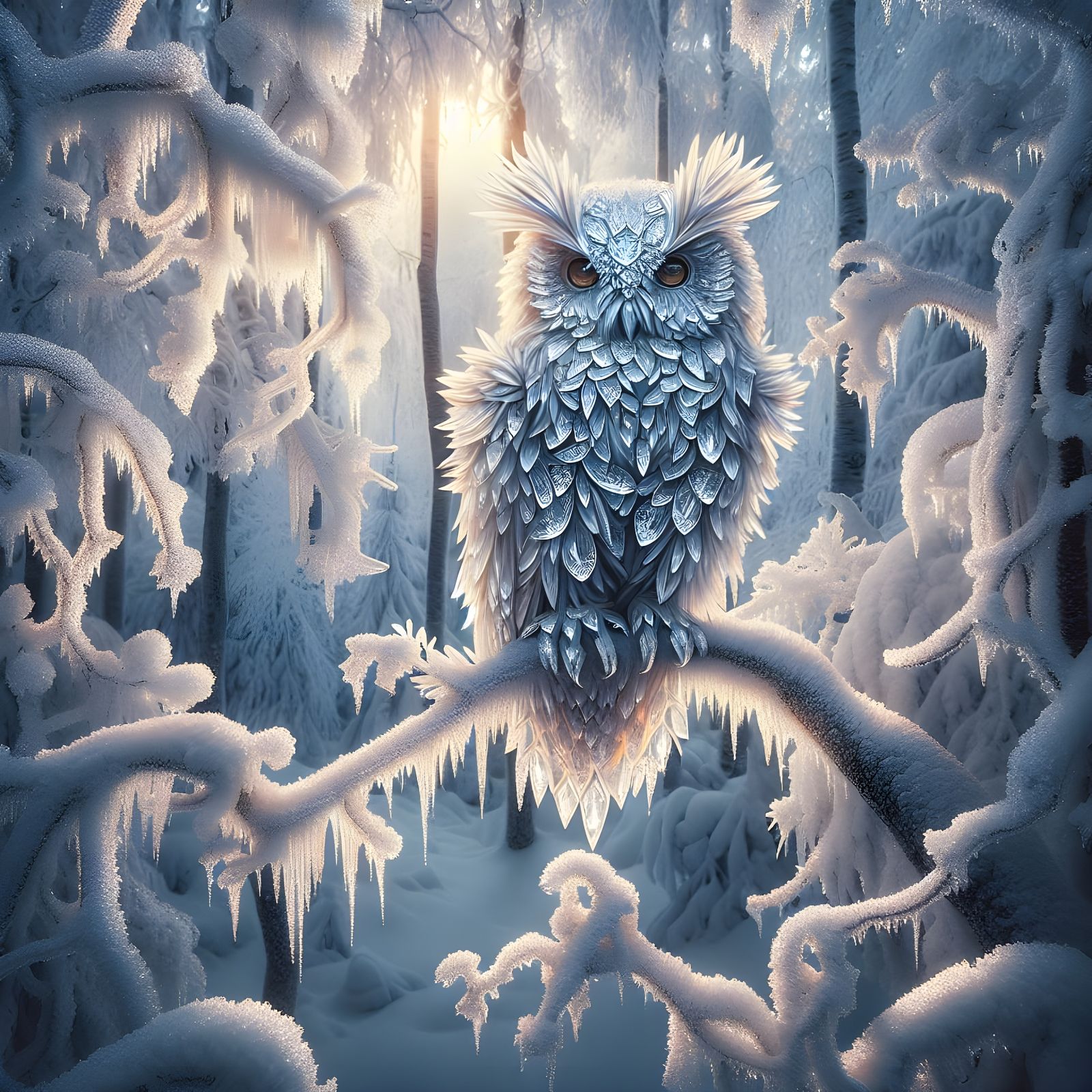 Crystal Eagle Owl Illuminates Snowy Winter Forest