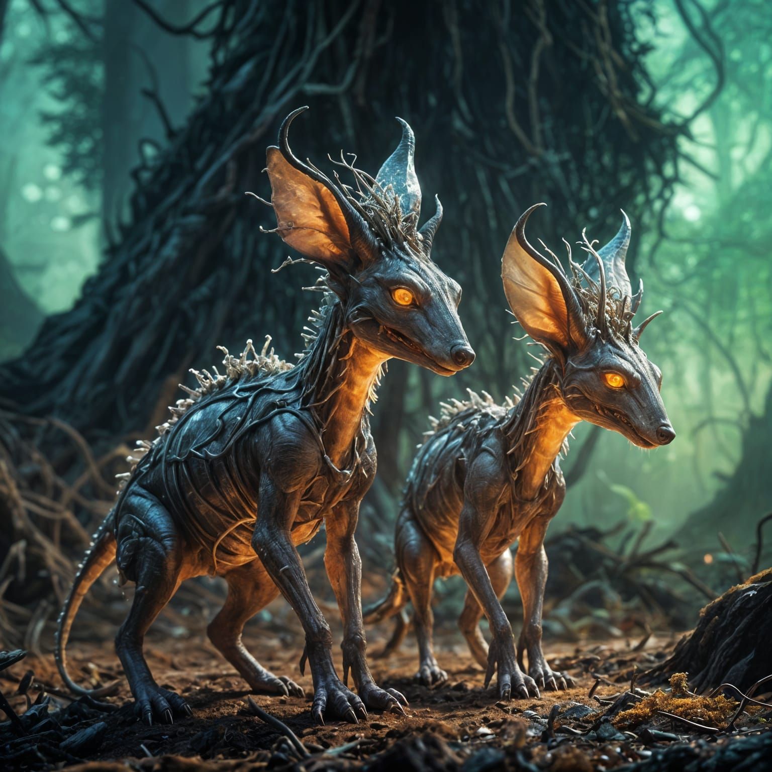 Alien Aardvarks in Enchanted Forest, Detailed Illustration