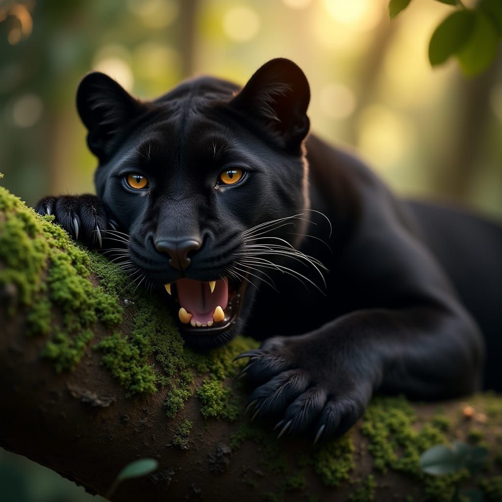 Black Panther Resting in Rainforest: Hyperrealistic Dawn Sce...