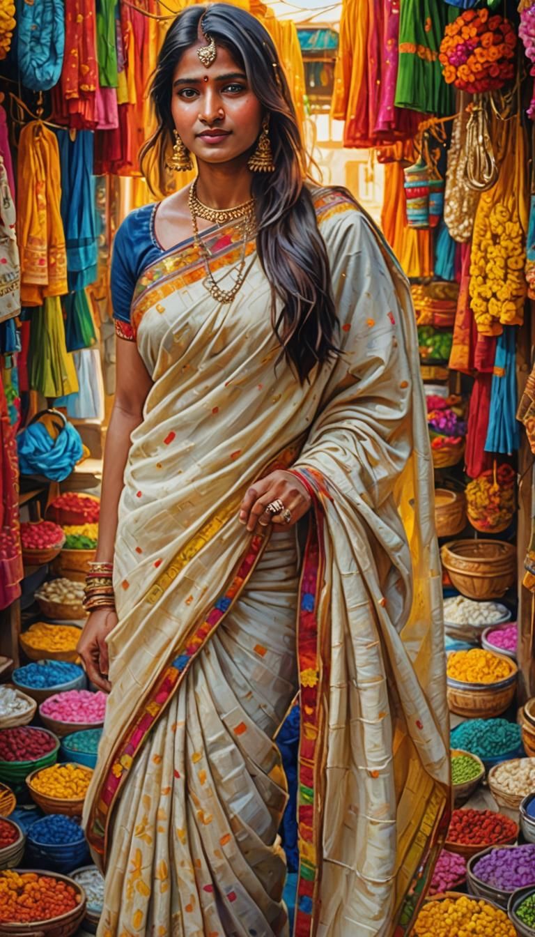 Vibrant Indian Woman in Market: Splash Art Oil Painting