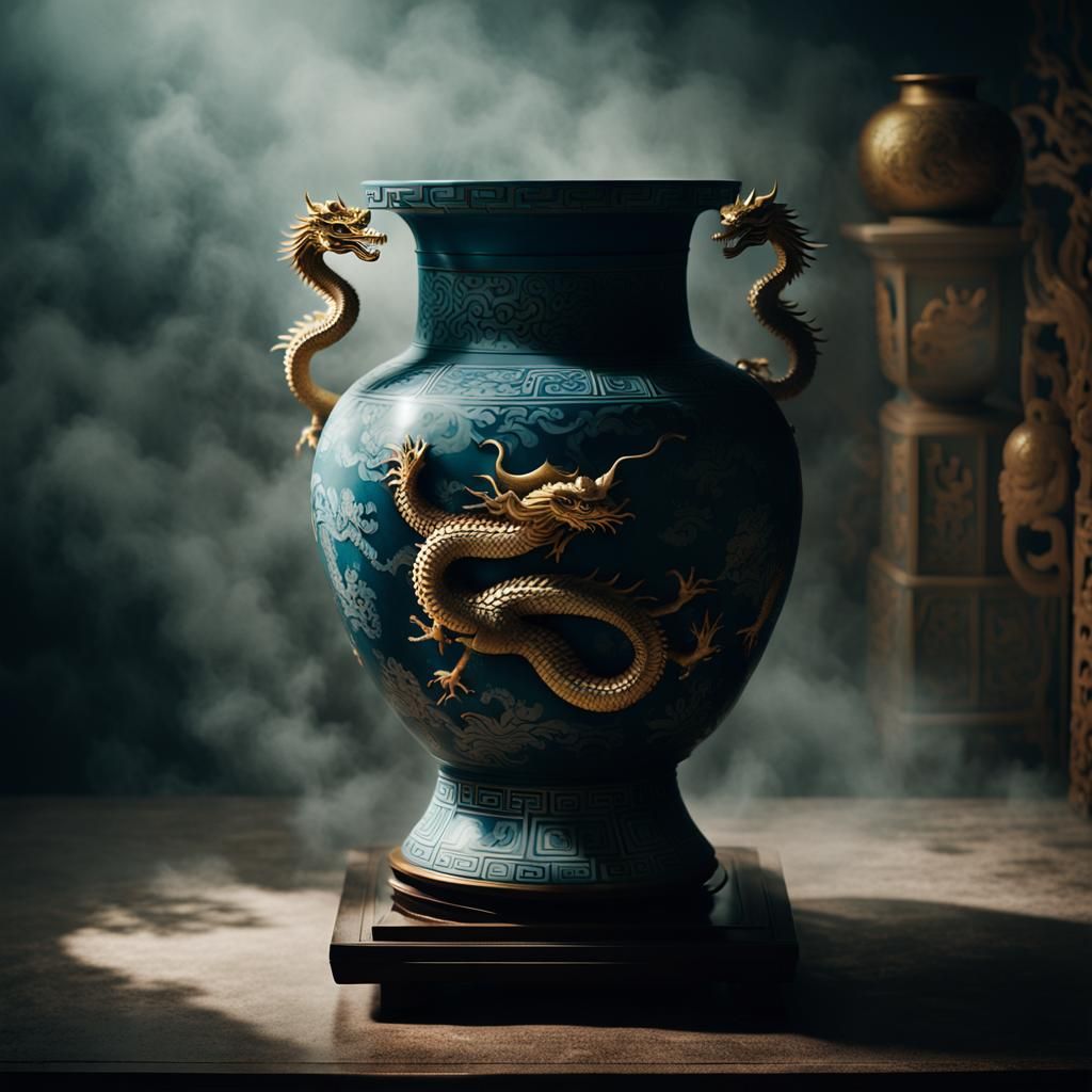 Ancient Chinese Porcelain Vase with Glass Dragon