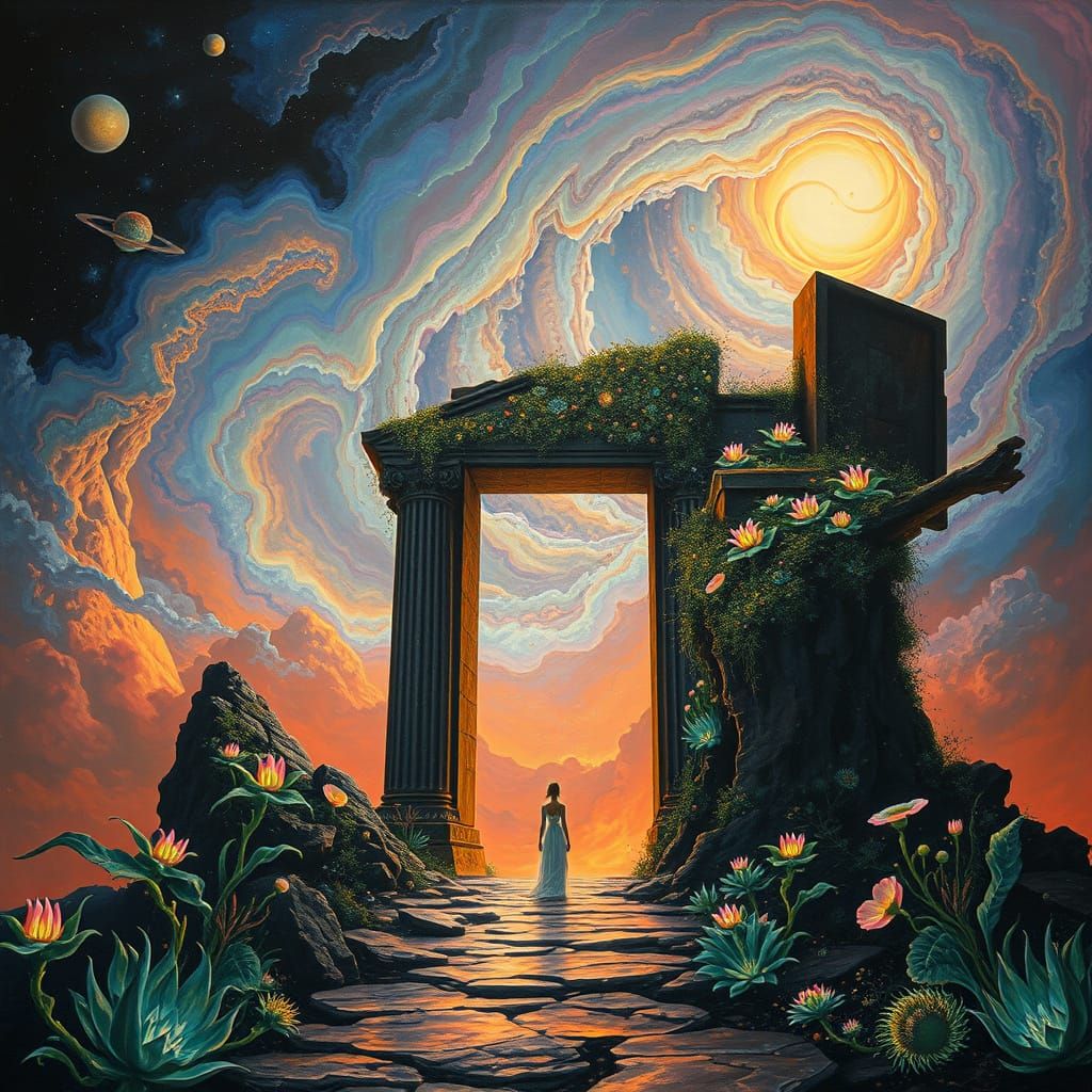 Ancient Gateway in Nebula, Ethereal Figure Gazing