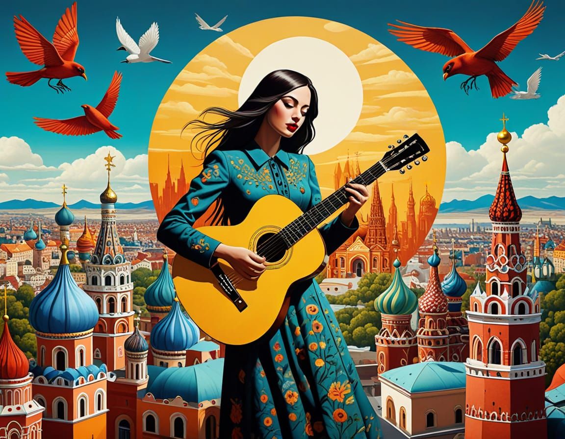 Ukrainian Girl Plays Guitar in Whimsical Soviet Landscape