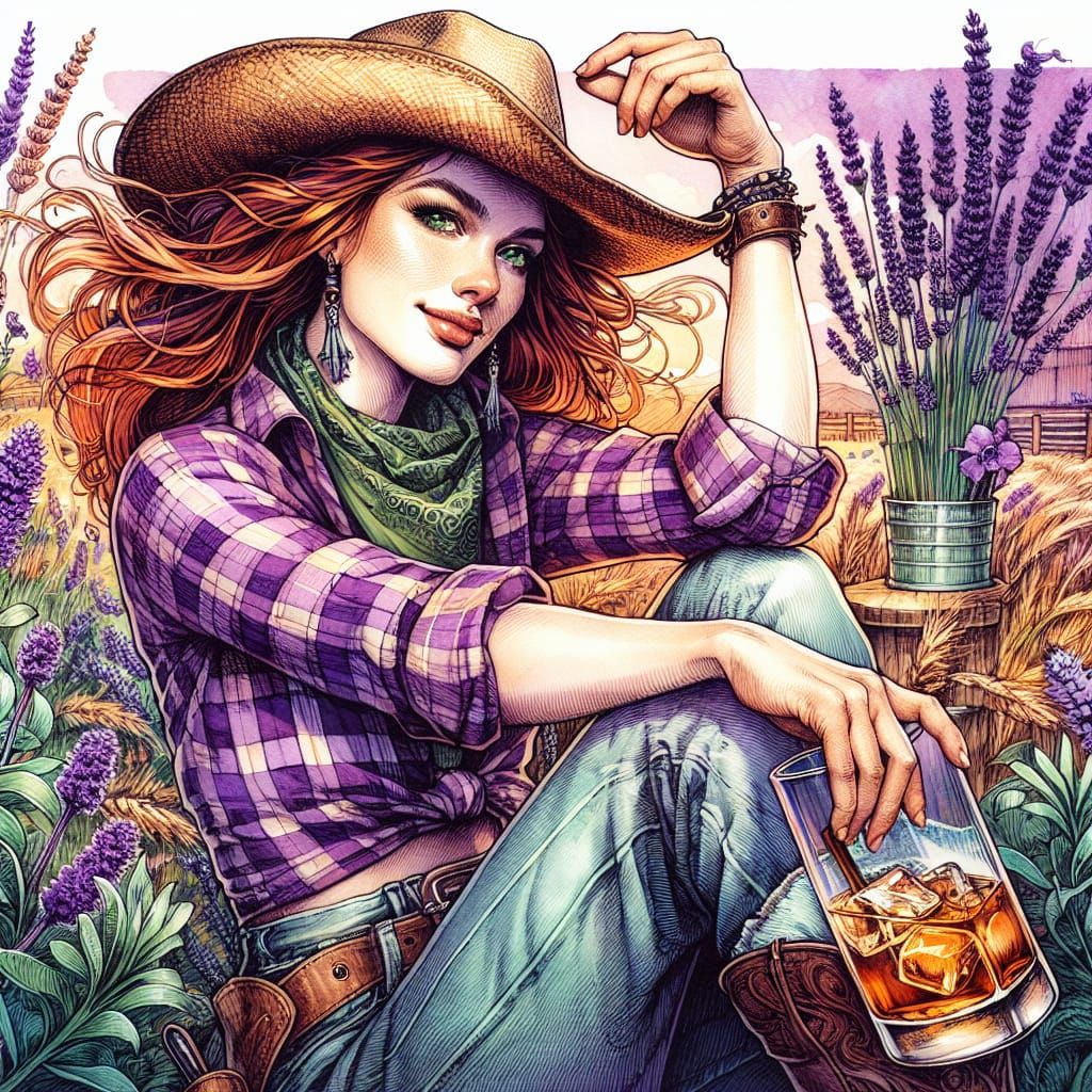 Cowgirl in Lavender Field, Art Nouveau Style