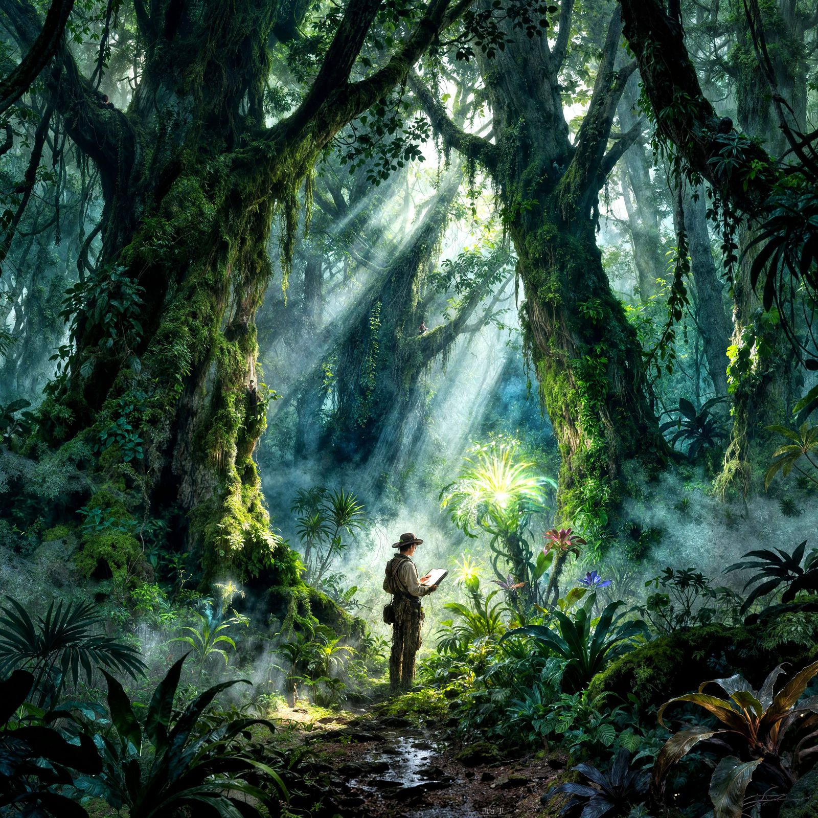 Botanist Discovers Glowing Flora in Ancient Jungle Concept A...