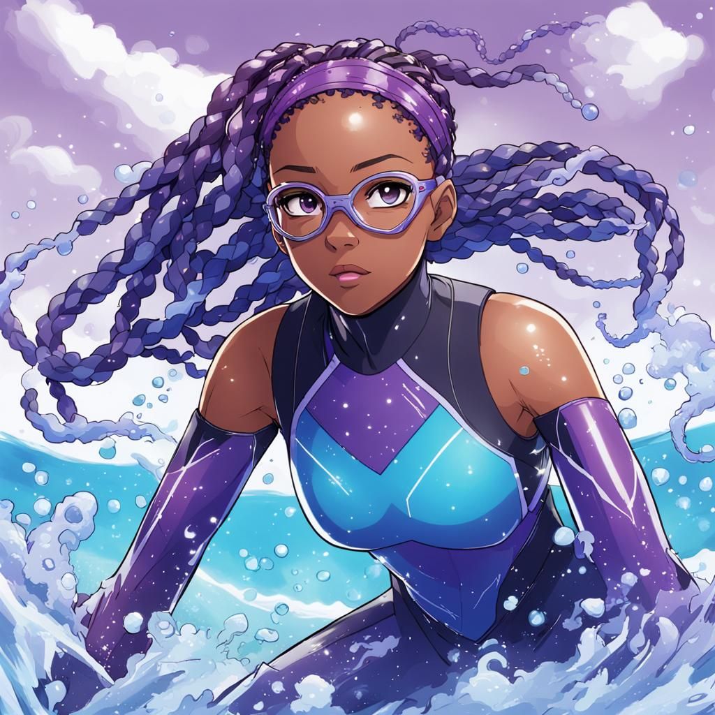 Anime-Style Hydrokinesis Superhero Girl in Purple and Blue