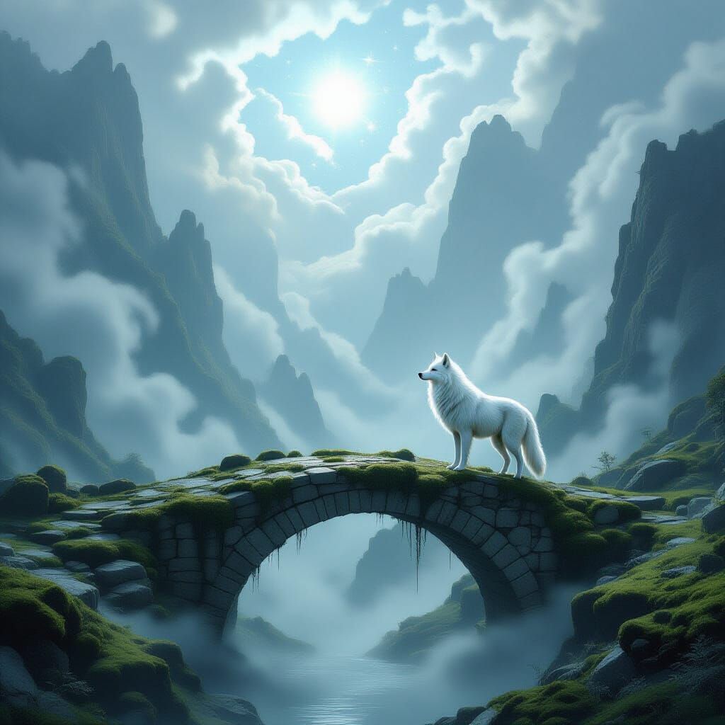 Ethereal Lone Wolf on Ancient Stone Bridge