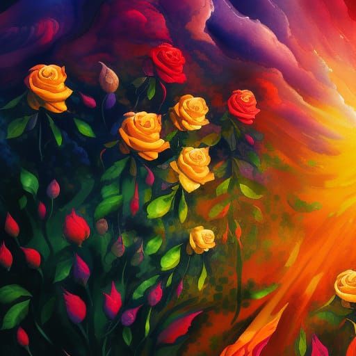 Neon Roses at Sunset in Gouache Style