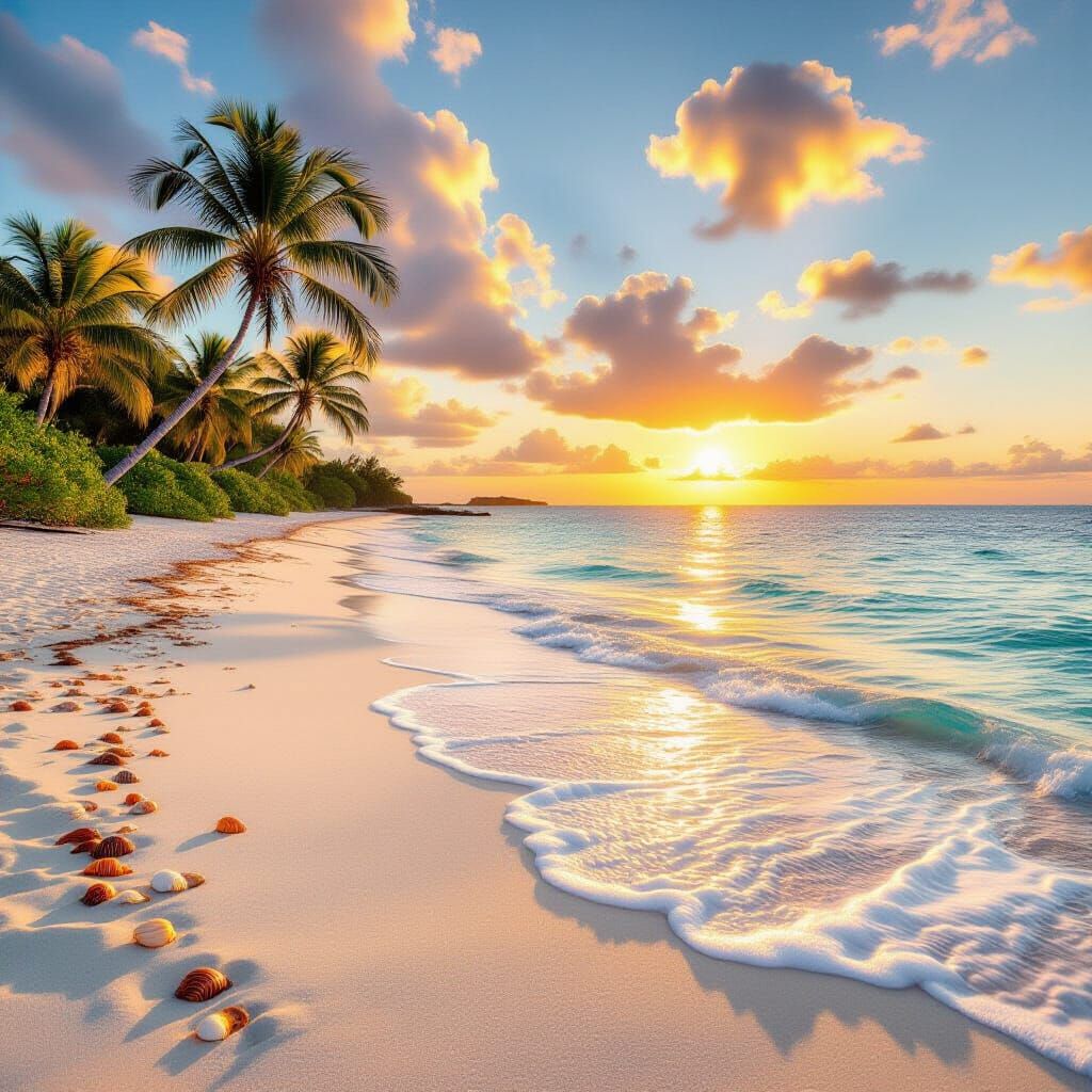 Tropical Beach Vista at Golden Hour in Impressionistic Style