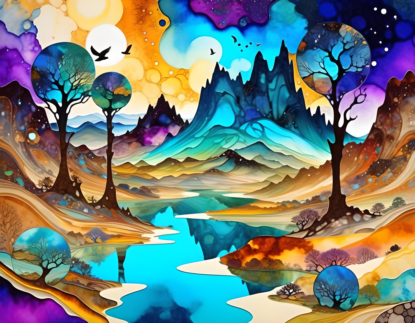 Cosmic River Town in Mixed Media Style