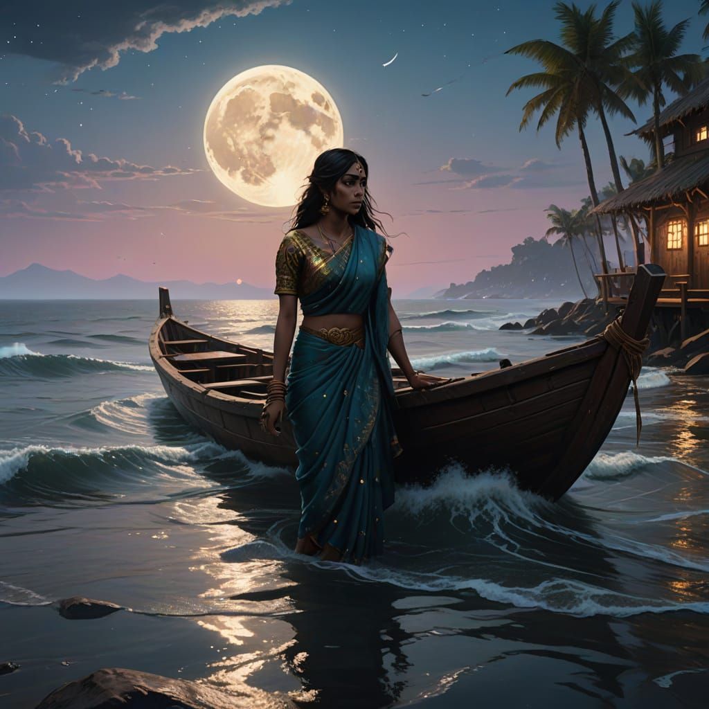 Moonlit Ocean Scape with Indian Woman in Saree