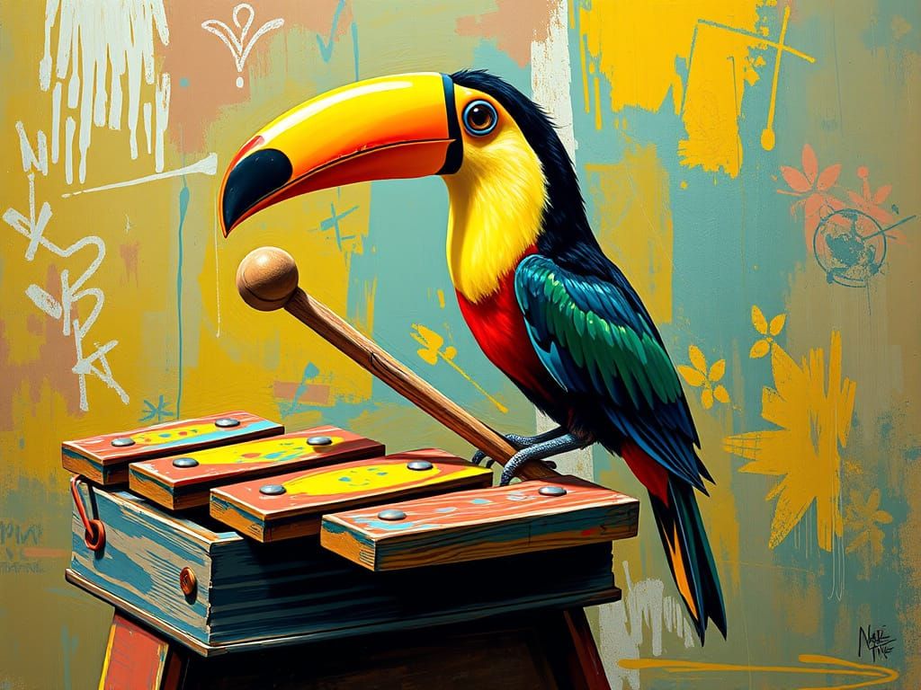 Vibrant Toucan Strikes a Note in Whimsical Street Art Style