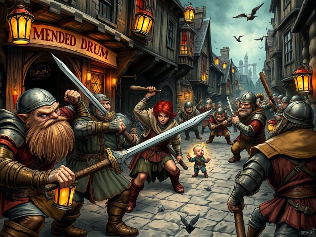 Dwarfs vs Trolls Battle Outside Ankh-Morpork Tavern