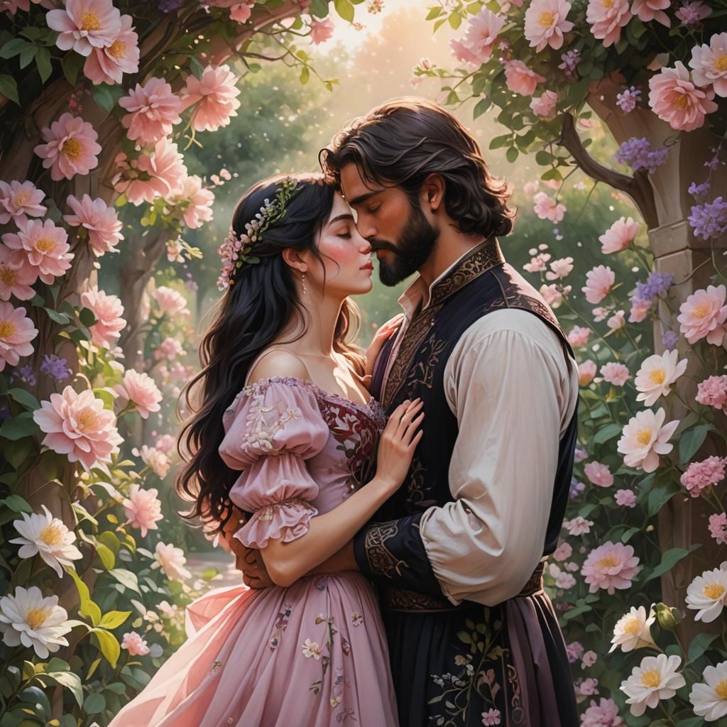 Embrace in a Pale Flower Garden: Fantasy Concept Art