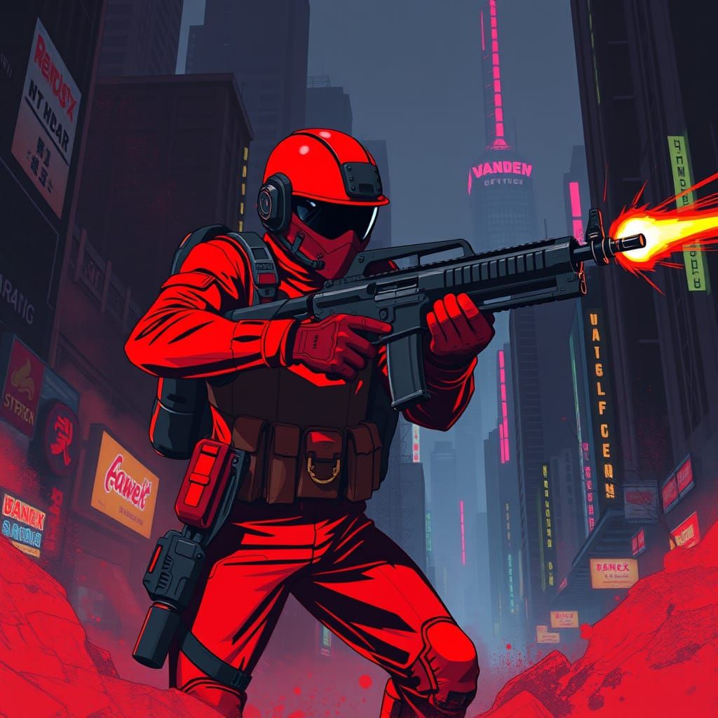 Tactical Red Stickman in Neon Urban Scene