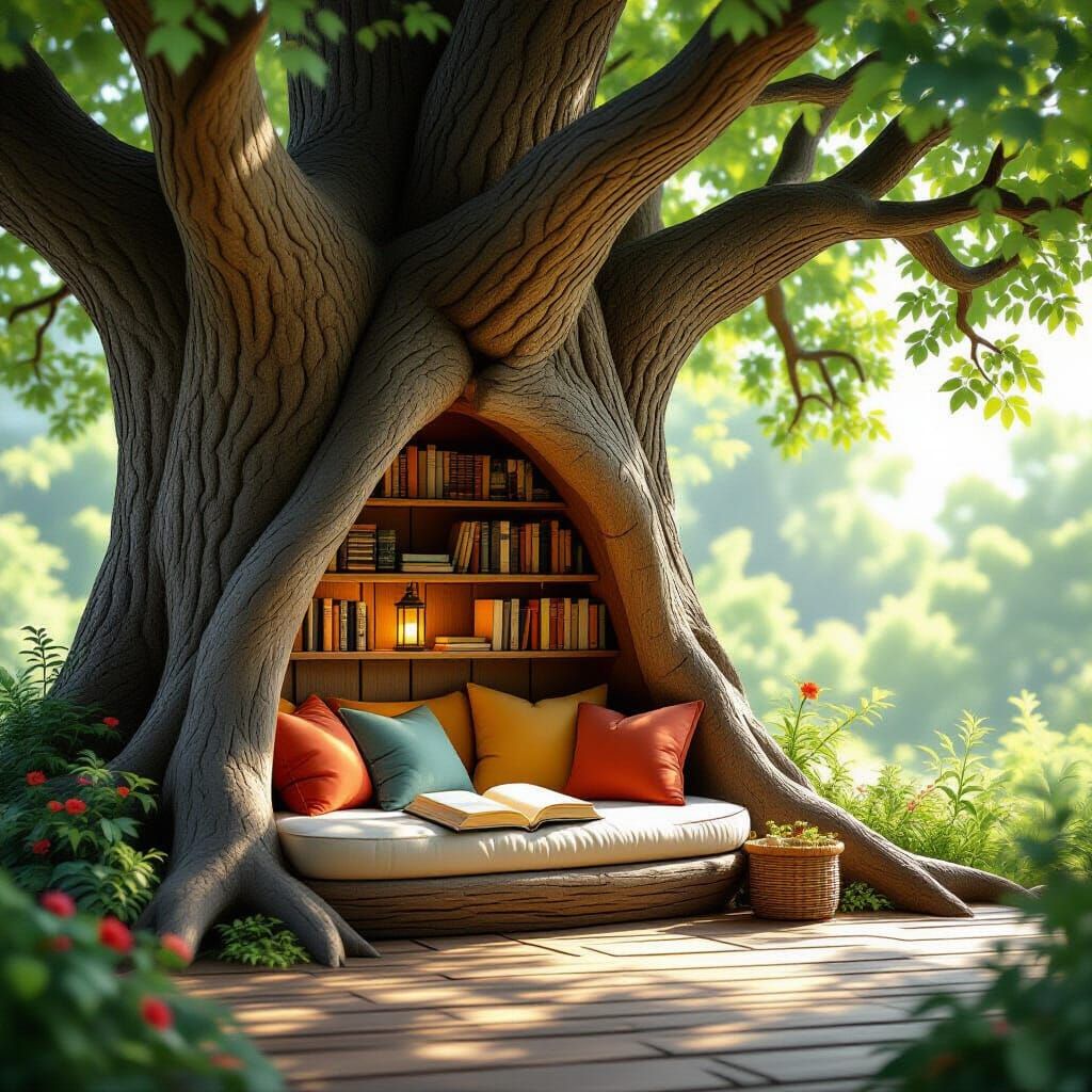 Cozy Tree Reading Nook in Dappled Sunlight