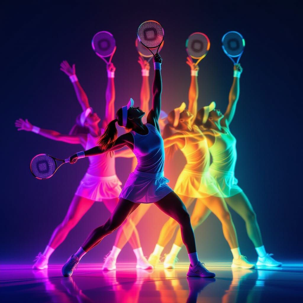 Dynamic Tennis Player Serve: Futuristic Metallic Silhouettes