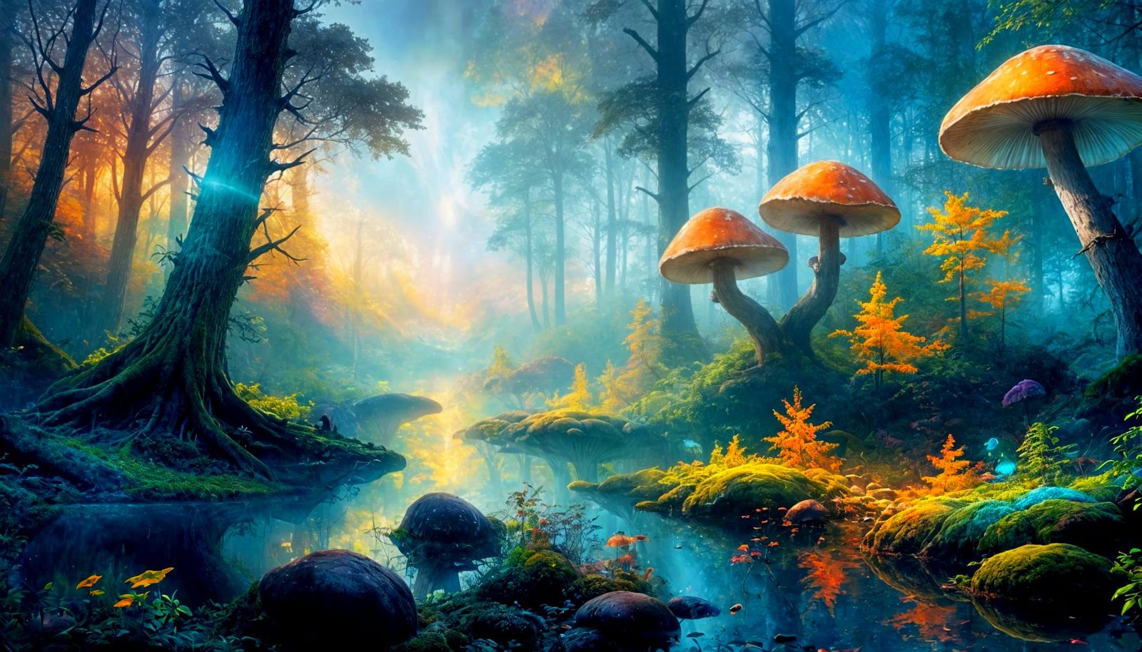 Surreal Autumn Landscape with Glowing Mushrooms