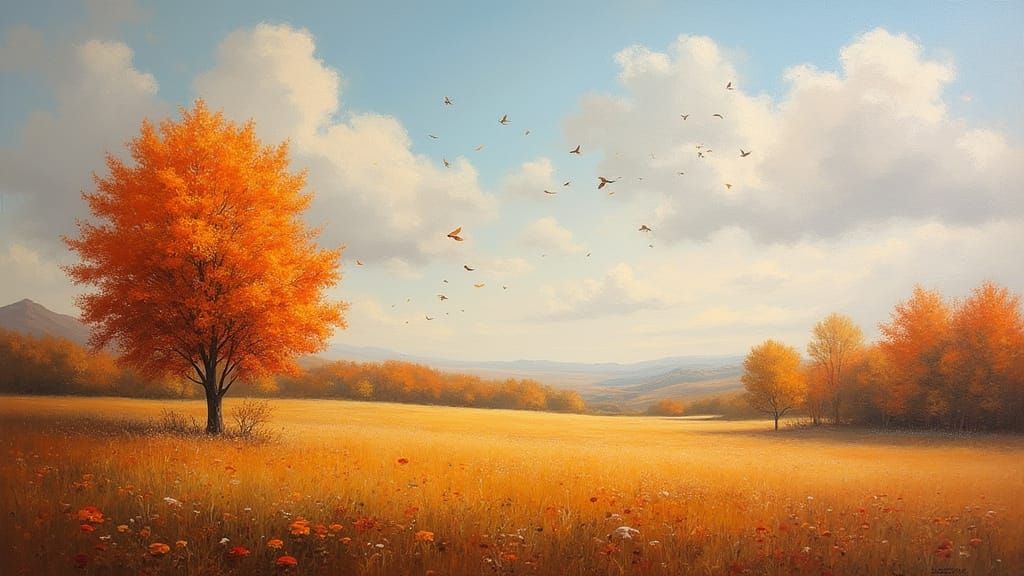 Autumn Open Landscape Oil Painting in Warm Color Palette