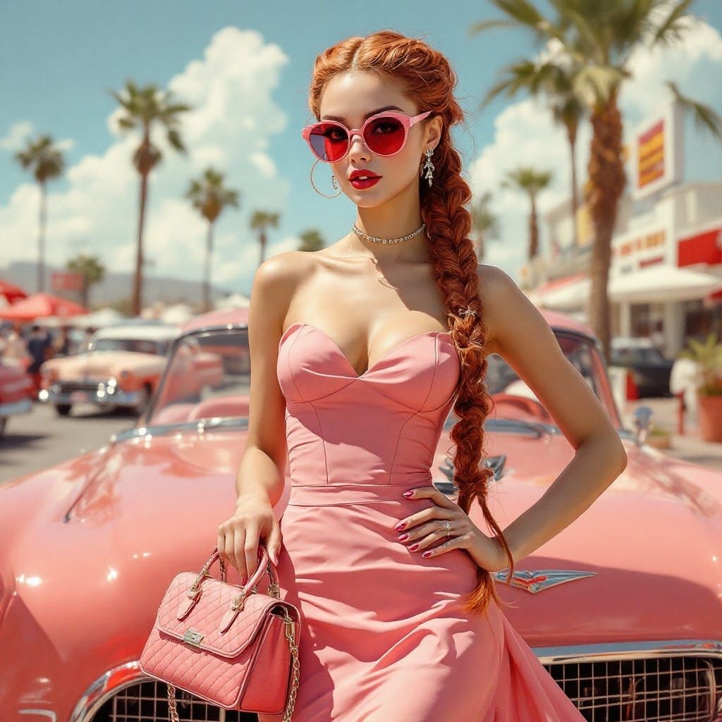 Elegant Latina Woman in Vintage Car Show, Airbrush Oil Paint...