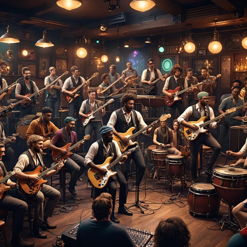 Musicians Jam on Stage in Detailed Digital Art