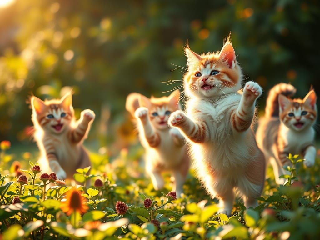 Happy Cats Dancing in a Sunlit Catnip Garden