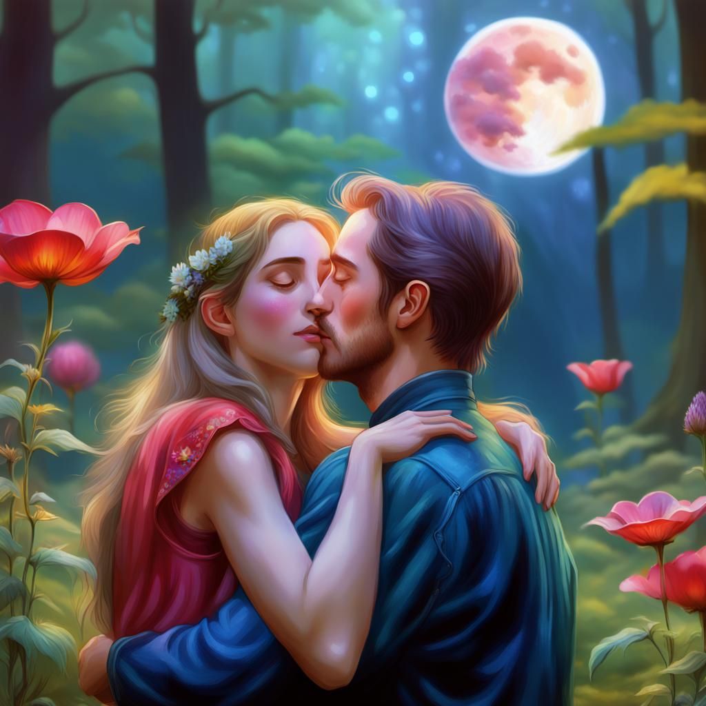 Whimsical Forest Embrace under Moonlight: Impressionist Art