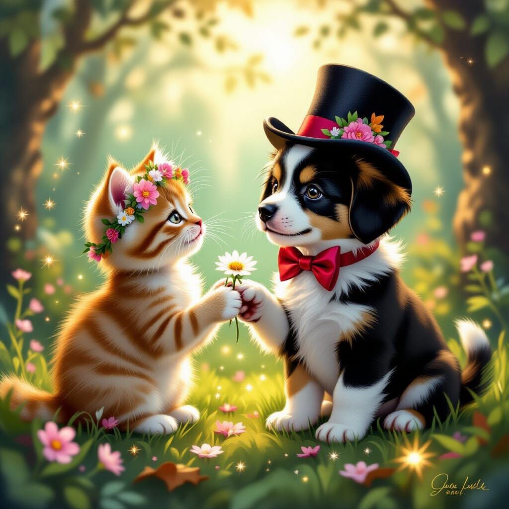 Puppy Proposes to Kitten in Magical Forest