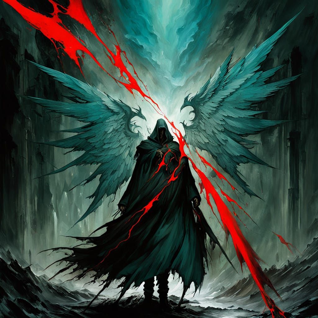 Somber Angel Wrestles Mortality in Dark, Gothic Landscape