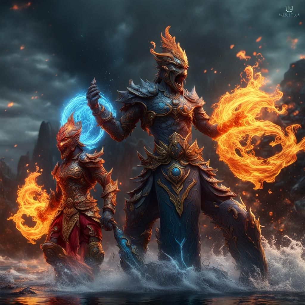 Fire and Water Elemental Warriors: Fantasy Concept Art