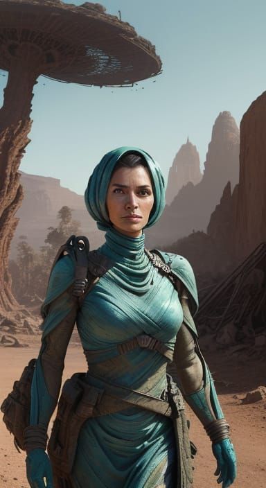 Vibrant Alien Mother in Turquoise Dress Walks Through Refuge...