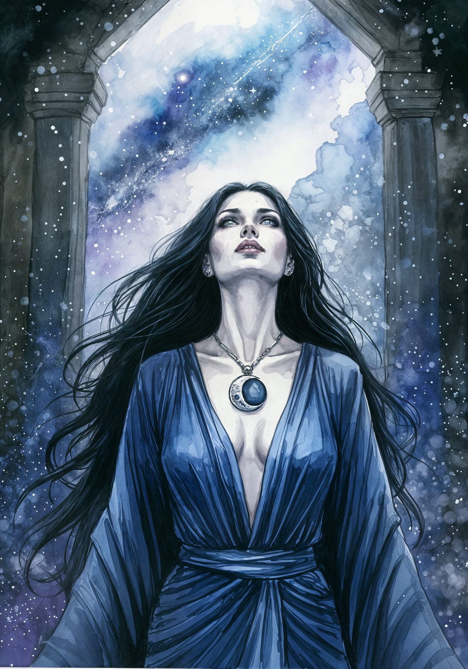 Moonlit Priestess of Celestial Magic in a Starry Night Templ...