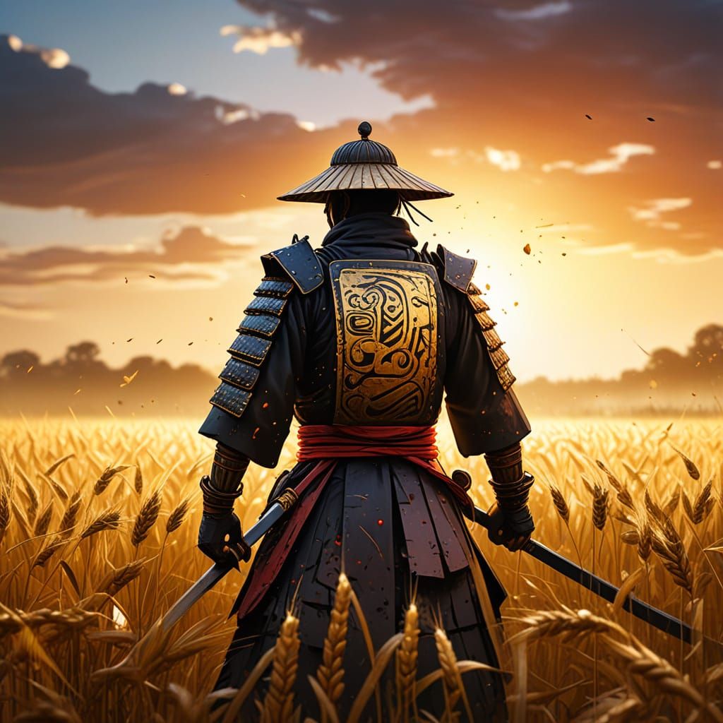 Vibrant Zen Samurai Amidst Wheat Field Graffiti