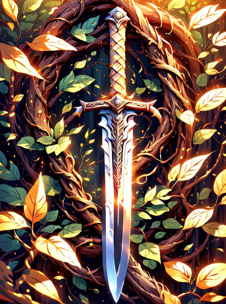 Fantasy Sword of Bark and Vines in Golden Light