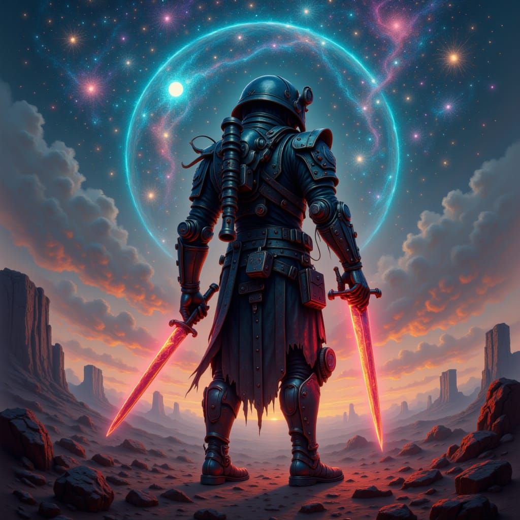 Cyberpunk Samurai Warrior in Wasteland Ruins