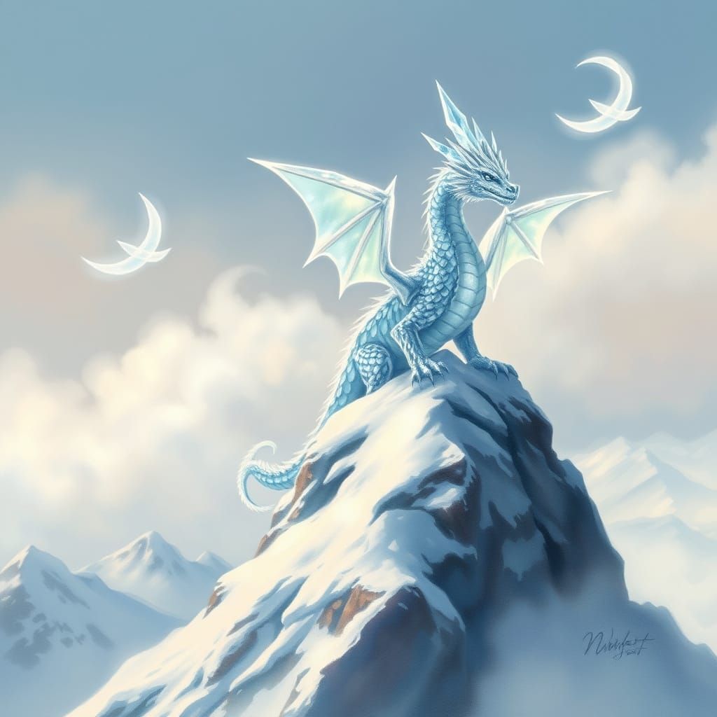 Crystal Dragon on Snowy Peak in Watercolor Style