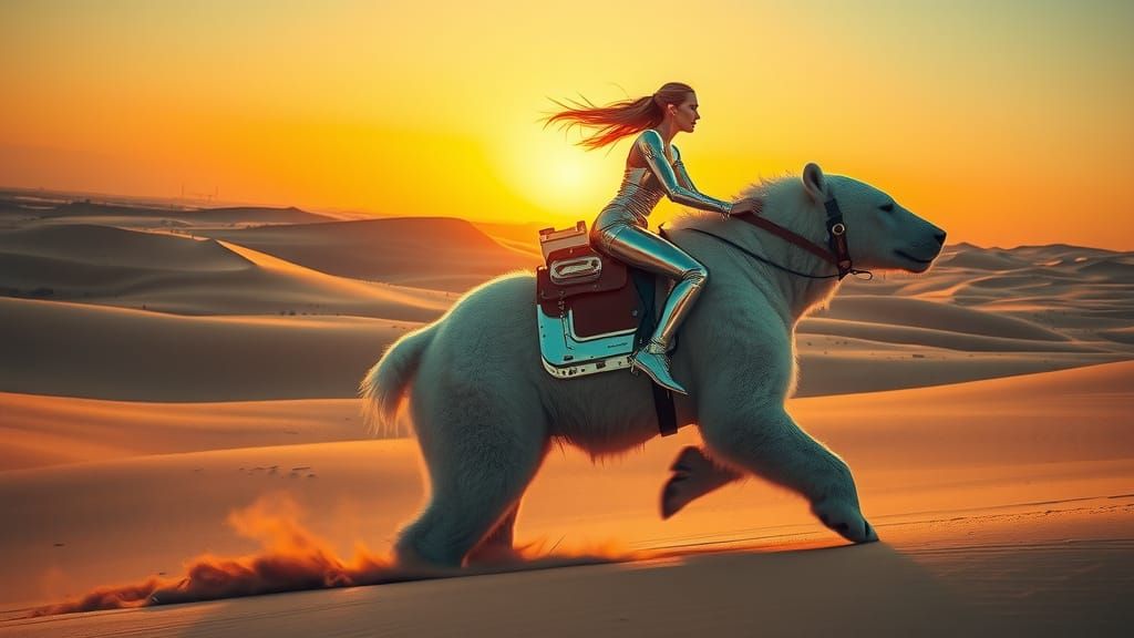 Cyborg Rider on Polar Bear in Sahara Sunset