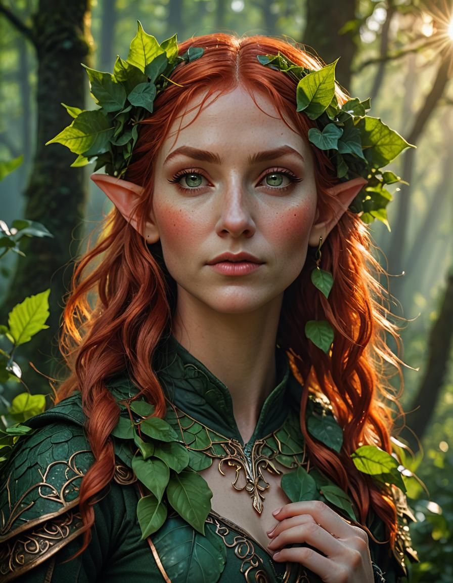 Fiery Haired Elf in Glistening Forest at Sunrise