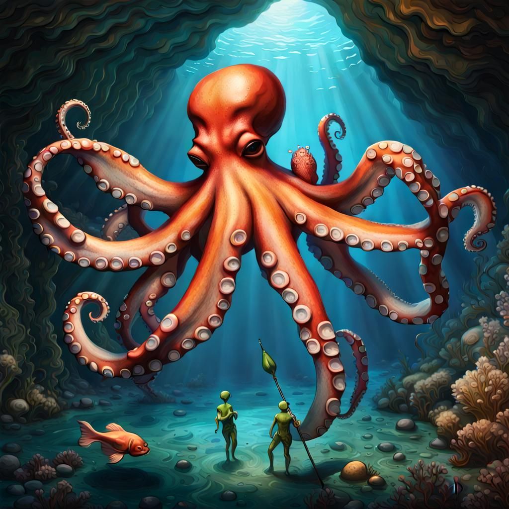 Octopus and Alien Fishman Battle in Ocean Cave