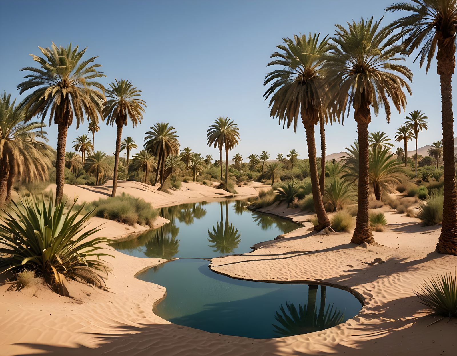 Tranquil Desert Oasis with Palms and Dunes