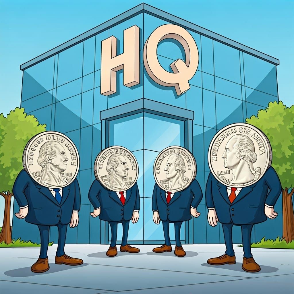 Cartoon Quarters Discuss Business at Headquarters