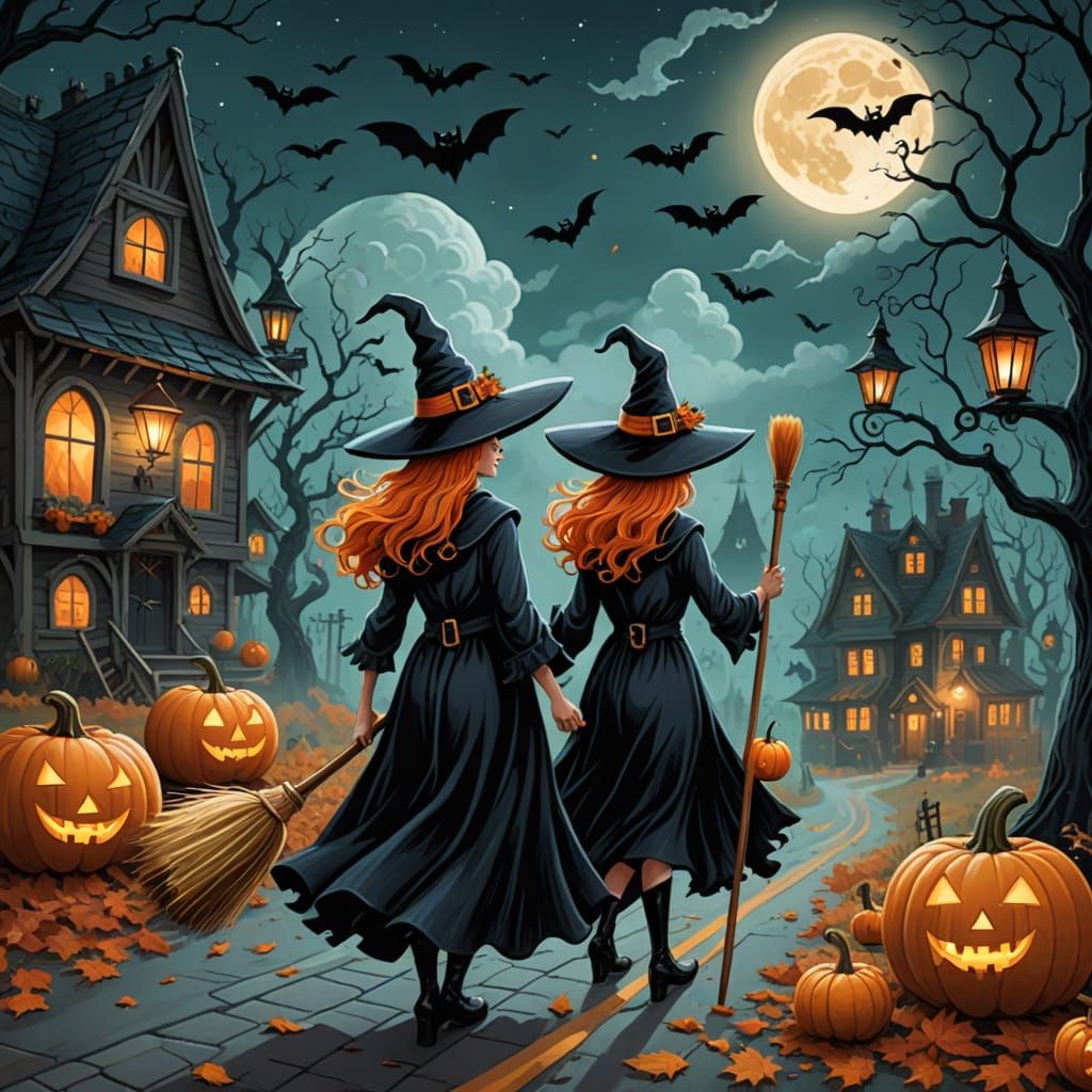 Witches With Pumpkin Lattes Riding Brooms On Halloween