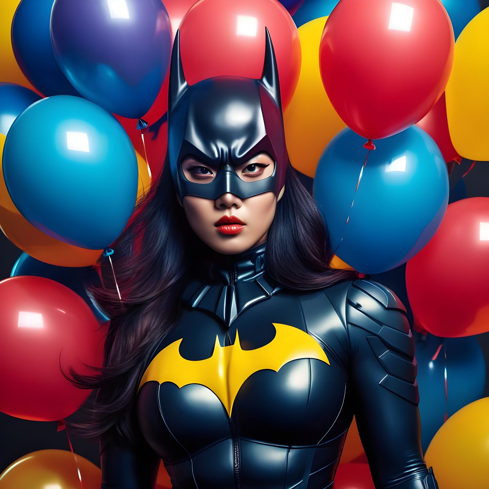 Sensual Superheroine in Bat-Inspired Attire Amidst Balloons