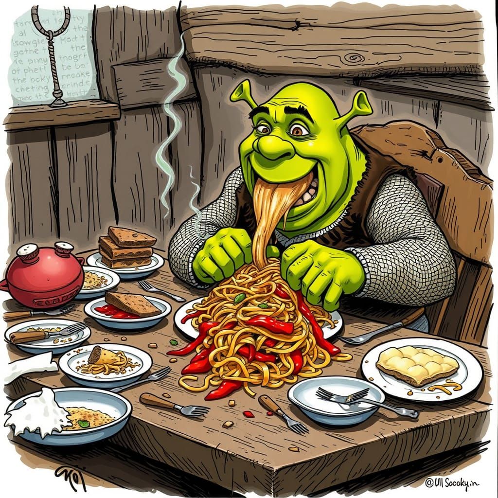 Ogre's Spaghetti Feast in Whimsical Caricature Style
