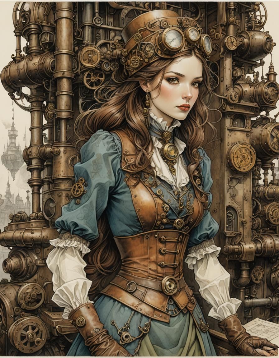 Steampunk Woman Illustration in Anton Pieck Style
