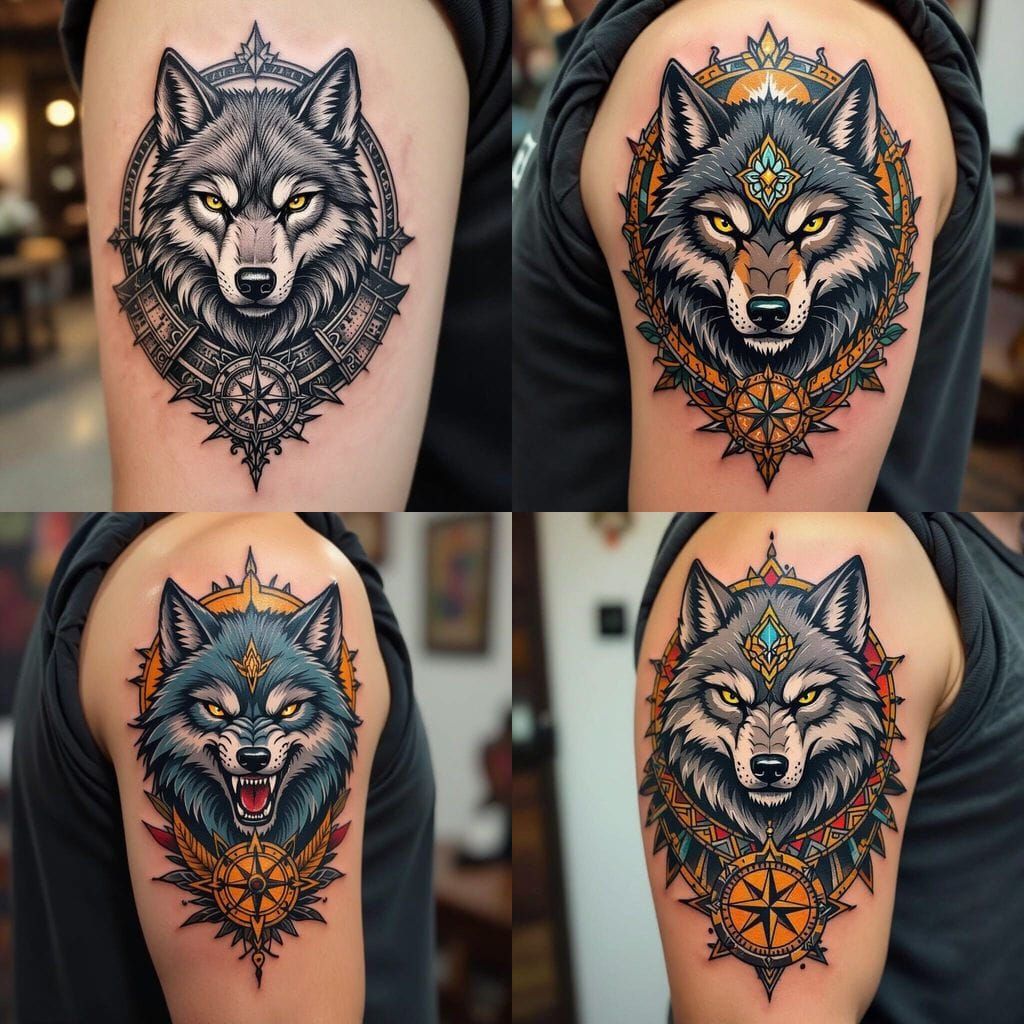 Warrior Wolf and Compass Tattoo Design