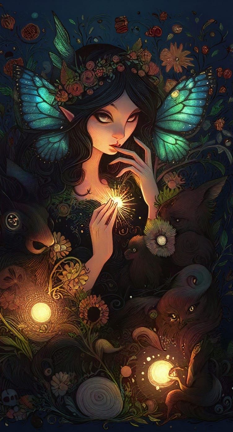 Woman with Butterfly Wings in a Floral Scene