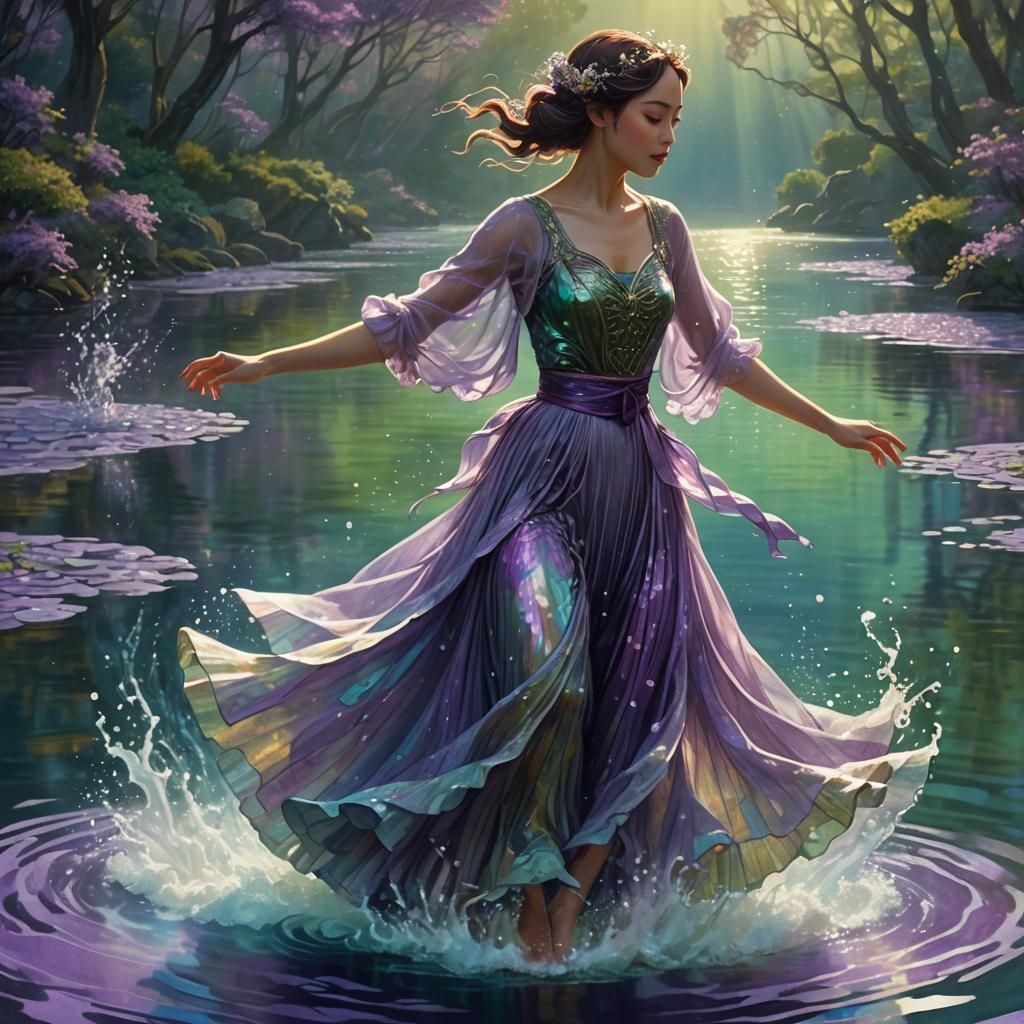 Dancing Woman on Purple Water in Art Nouveau Style