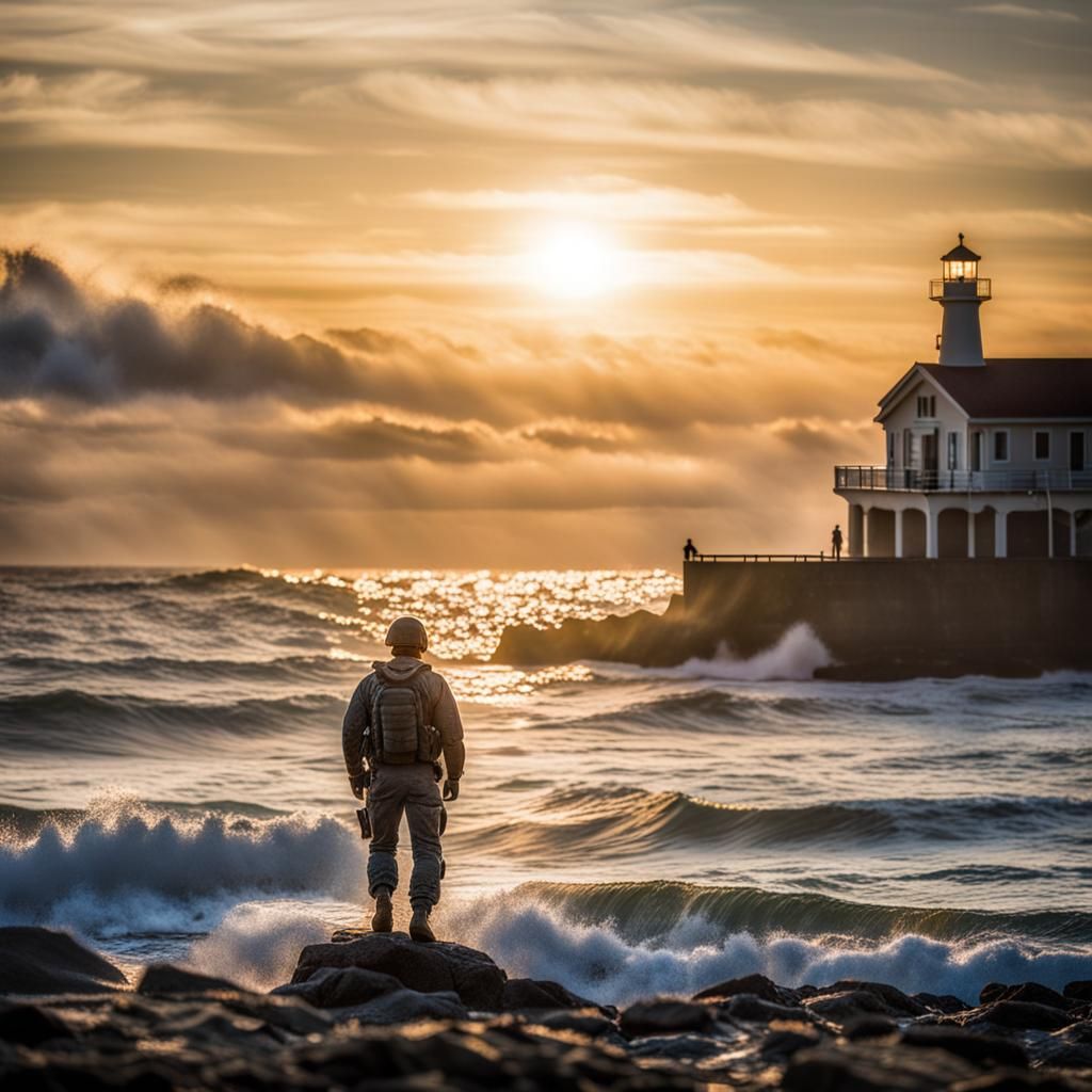 Coast Guard Soldier Watches Sunset Over Ocean